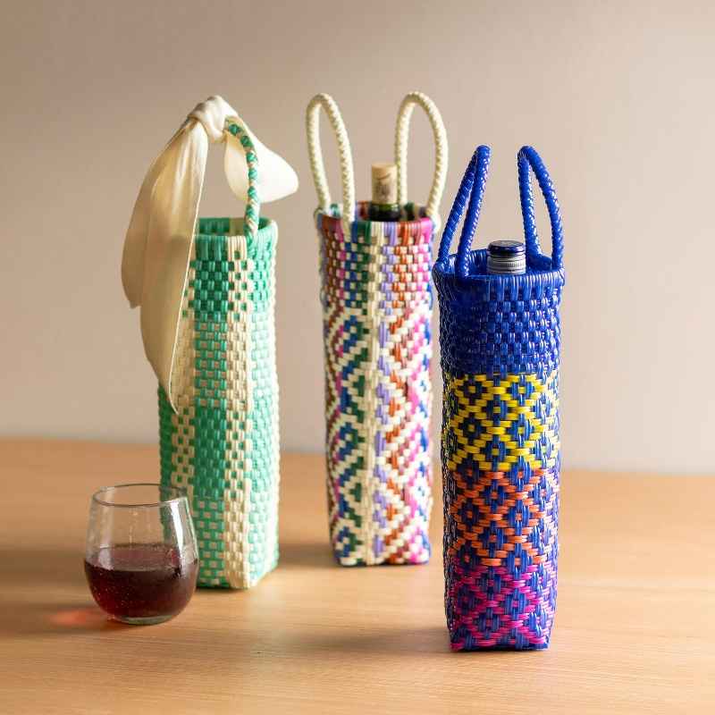 Woven Recycled Plastic Wine Tote - Multi Plaid